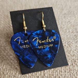 Fender Blue Pearl Guitar Pick Dangle Earrings with Gold Script